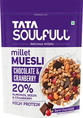 Tata Soulfull Millet Muesli, Chocolate & Cranberry, High Protein, Breakfast Cereal Pouch