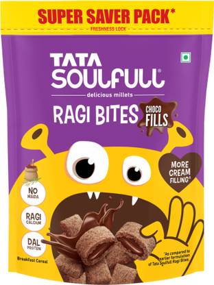 Tata Soulfull Ragi Bites Choco Fills, More Cream Filling, No Maida, Dal Protein, Kids Cereal Pouch
