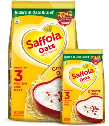 Saffola Rolled Oats,Creamy 100% Natural, High Protein & Fibre, Healthy Cereal, Pouch