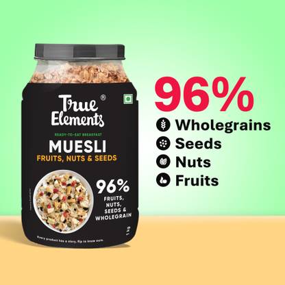 True Elements Fruit and Nut Muesli, Zero Added Sugar, Ready to Eat Breakfast, High Protein Plastic Bottle