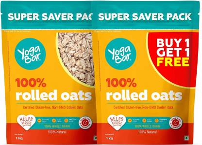 Yogabar 100% Rolled Oats 2kg Buy 1 Get 1 Free|Premium Golden Oats|Gluten Free|1kg x 2 Pouch