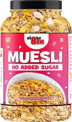 8AM Muesli No Added Sugar, 96% Whole Grains, Dry Fruits & Nuts, with Almonds & Seeds Jar