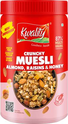 Kwality Crunchy Muesli Almonds, Raisins & Honey 87% Multigrains, High in Fiber & Protein Plastic Bottle