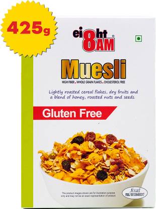 8AM High Fiber, Fruits Nuts & Seeds, Whole Grain Flakes, Gluten Free Muesli Cereal Box