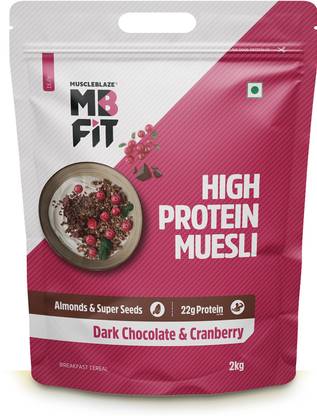 MUSCLEBLAZE Fit High Protein Muesli, Dark Chocolate & Cranberry, Breakfast Cereals Pouch