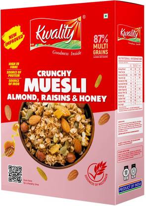 Kwality Crunchy Muesli Almonds & Raisins, 76% Multigrains, Protein, Breakfast cereals Box