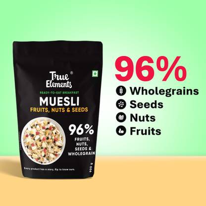 True Elements Fruit and Nut Muesli, Zero Added Sugar, Ready to Eat Breakfast, High Protein Pouch