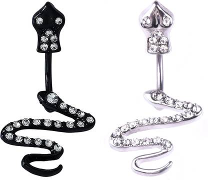 Sorellaz Womens Navel Belly Button Piercing Silver & Black Snake Zircon Ring: Pack of 2 Metal Beaded Charm