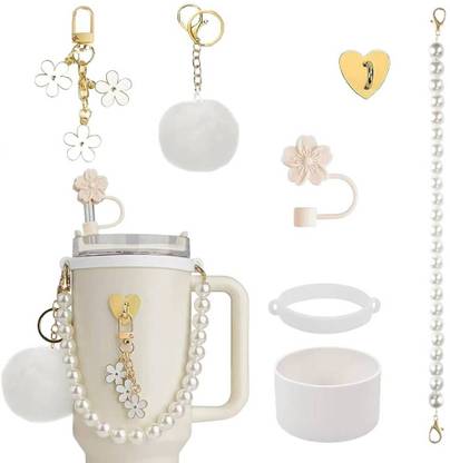 HASTHIP Stanley Cup Accessories Set 7Pcs Silicone Straw Cap Pearl Chain Sleeve Sakura Silicone Charm Set