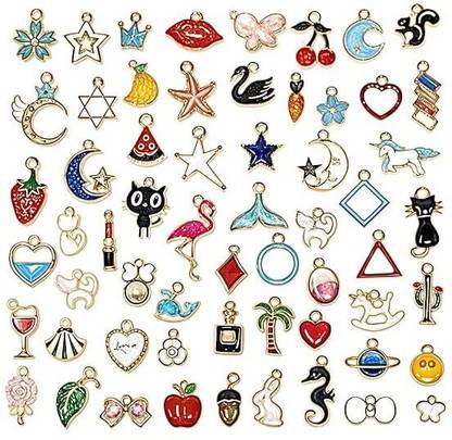 TREXEE 54 pcs Mixed Assorted Gold Plated Enamel Pendants Animal Moon Star Fruit Enamel, Alloy Charm Set