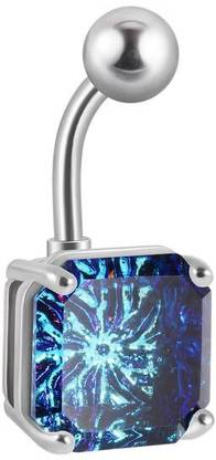 GadgetsDen Belly Button Jewelry Piercing Big Square Blue Color Rhinestone Crystal Stainless Steel Beaded Charm