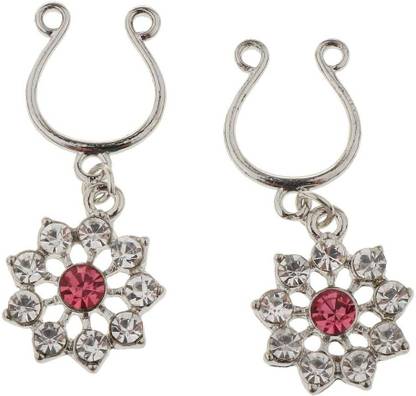 Calandis 2pcs Fake Nipple Rings with Crystal Flower Dangle Non Pierced Mamilo Studs Alloy Charm Set