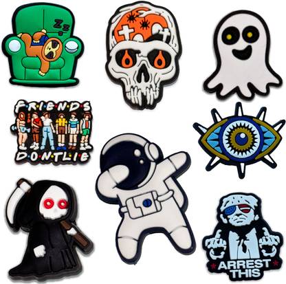 house of common Set of 8 Funky Shoe Charms - Astronaut, Skull, Ghost, Eye, Friends Theme Rubber Shoe Charm