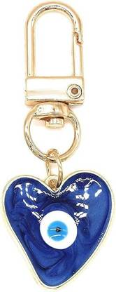 Questsole Blue Evil Eye Heart Bag Charm Gold Keychain for Men & Women Metal Beaded Dangling Charm