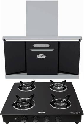 Maplin Combo of Auto Ignition Gas Cooktop SC4B and W90 (90cm) Auto Clean Wall Mounted Black 1400 CMH Chimney