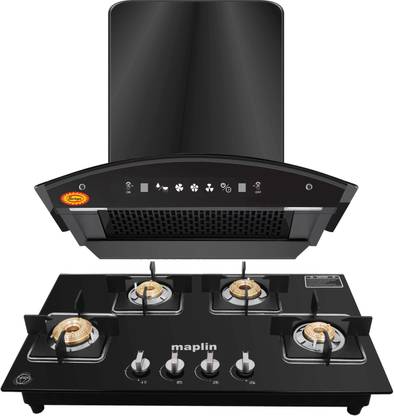 SURYA Combo of Kitchen Chimney SS60 Net + 4 Burner Gas Cooktop GH04 Black Auto Clean Wall Mounted Black 1400 CMH Chimney