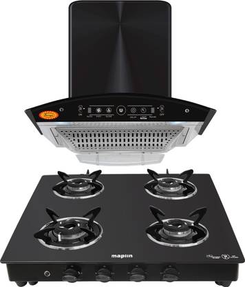 Maplin Combo of Auto Ignition Gas Cooktop Surya04 Curve and Eco Touch (60cm) Auto Clean Wall Mounted Black 1400 CMH Chimney