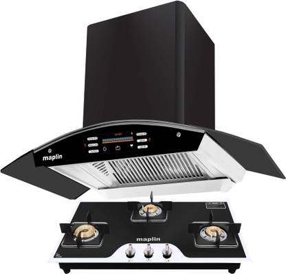 Maplin Combo of Gas Cooktop model GH04 Prima & Kitchen Chimney SS75Voice(75cm) Auto Clean Wall Mounted Black 1400 CMH Chimney