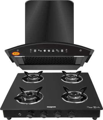 SURYA Combo of Kitchen Chimney Net60 Net + 4 Burner Gas Cooktop Curve Black Auto Clean Wall Mounted Black 1400 CMH Chimney
