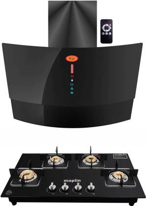 Maplin Combo of 4 Burner LPG Cooktop (GH04) and Kitchen Chimney SUGO (90cm) Auto Clean Wall Mounted Black 1400 CMH Chimney