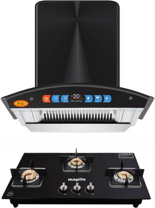Maplin Combo of 3 Burner LPG Cooktop (GH03) and BLDC Kitchen Chimney (60cm) Auto Clean Wall Mounted Black 1400 CMH Chimney