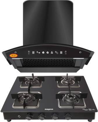 SURYA Combo of Kitchen Chimney Net60 Net + 4 Burner Gas Cooktop Square Black Auto Clean Wall Mounted Black 1400 CMH Chimney