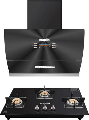 Maplin Combo of Voice Chimney VC90 + 3 Burner Gas Cooktop GH03 Auto Clean Wall Mounted Black 1400 CMH Chimney