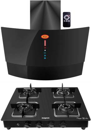 Maplin Combo of 4 Burner LPG Cooktop (SS04) and Kitchen Chimney SUGO (90cm) Auto Clean Wall Mounted Black 1400 CMH Chimney