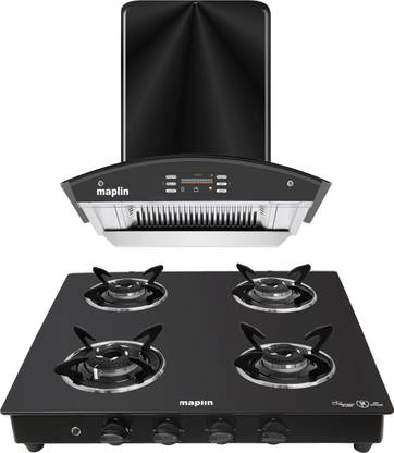 Maplin Combo of Auto Ignition Curve Gas Cooktop and SS60 Voice control Auto Clean Wall Mounted Black 1400 CMH Chimney