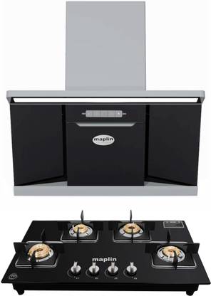 Maplin Combo of Auto Ignition Gas Cooktop GH4B and W90 (90cm) Auto Clean Wall Mounted Black 1400 CMH Chimney