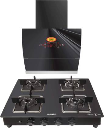 Maplin Combo of Auto Ignition Gas Cooktop Surya04 & Surya GO60 Auto Clean Wall Mounted Black 1400 CMH Chimney