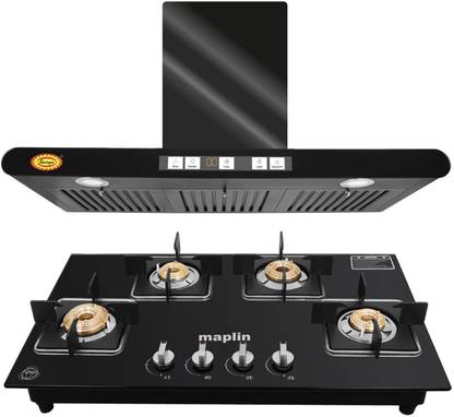 Maplin Combo of Kitchen Chimney FCB90 + 4 Burner GH04 Auto Clean Wall Mounted Black 1400 CMH Chimney