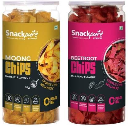 SNACKPURE BY ZUARI Moong Dal Chips Garlic Flavor & Beetroot Chips Jalapeno Flavor Chips