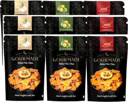 Gourmade Pita Chips Snacking Party Chipotle, Roasted Garlic, Olive & Herbs Pack of 3 each Chips