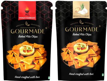 Gourmade Baked Pita Chips | Roasted Garlic And Smokey Barbeque | Pack of 2| Chips