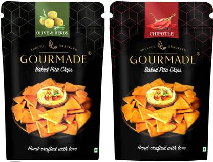 Gourmade Baked Pita Chips | Olive & Herbs and Chipotle | Pack of 2| Chips