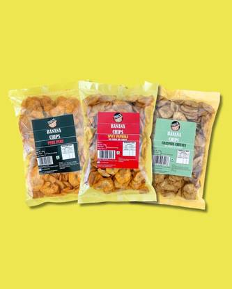 SNACK FIRST Raw Banana Chips Crispy Snack, Combo of 3, Spicy Paprika & Jeeravan Flavor Chips