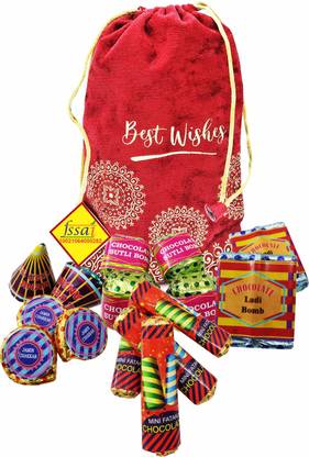 FabBites Diwali Cracker Chocolate Gift Item,Firework,Bomb,Firki,Annar-Diwali Gift Potli Fiber Gift Box