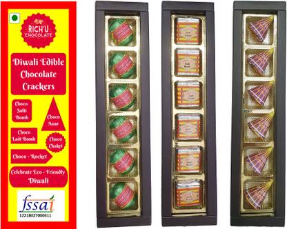 Rich'U Chocolates Diwali Crackers (Sutli Bomb, Anar & Ladi Bomb) Shaped Edible Chocolate Box Bars