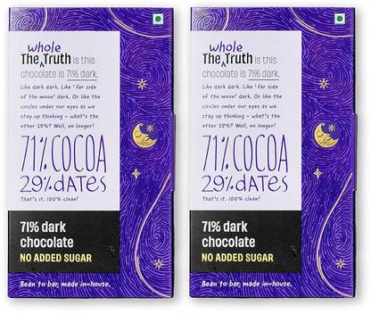 The Whole Truth 71% Plain Dark Chocolate, No Added Sugar - Sweetened Only with Dates, Pack of 2 Bars