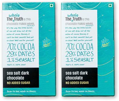 The Whole Truth Sea Salt Dark Chocolate, No Added Sugar - Sweetened Only with Dates, Pack of 2 Bars