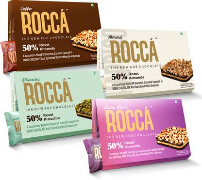 Rocca Caramel Covered in Dark Chocolate with Roasted Almond,Coffee,Berries,Pistachio Brittles