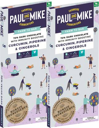 PAUL AND MIKE 72% Dark Immunity Boosting Curcumin, Piperine & Gingerols Chocolate, 2x68g Pack Bars