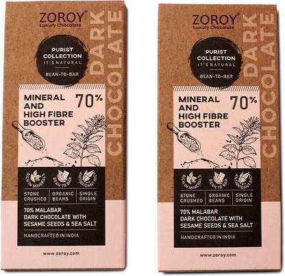 Zoroy Luxury Chocolate Purist Collection, Set of 2 70% Organic Dark chocolate, Mineral and high fibre booster bar with Seasame seeds and Natural sea salt Bars