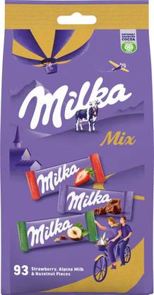milka Alpine Mix Milk Chocolate, Strawberry, Alpine Milk, Hazelnut, King Size Packet Bites