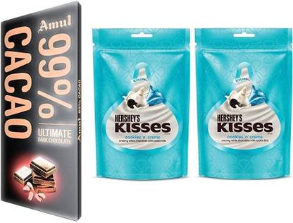 Amul 99% Cacao Chocolate, 125g & Kisses White Chocolates Cookies & Crème,67.2g Bites
