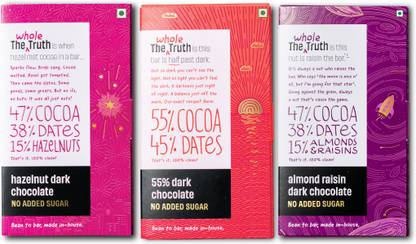 The Whole Truth 47% Dark Chocolate Combo No Added Sugar Sweetened Only with Dates, Pack of 3 Bars