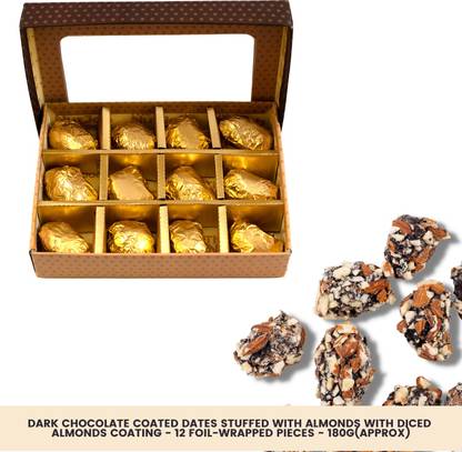 The NutJob Dark Chocolate Coated Dates with Almond Stuffing & Coating - 12 Wrapped Pieces Bites