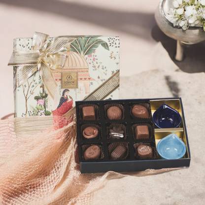 Zoroy Luxury Chocolate Diwali Combo box with 9 signature Chocolates and 3 Diyas Fudges