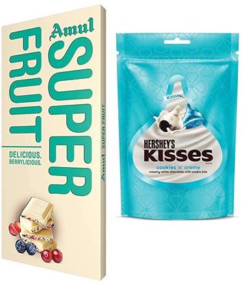 Amul Super Fruit Chocolate, 150g & Kisses White Chocolates Cookies & Crème,33.6.GM Bites